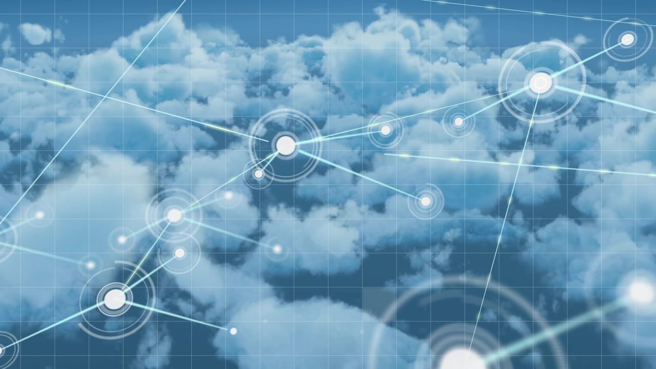 Animation of network of connections over networks of united moving clouds