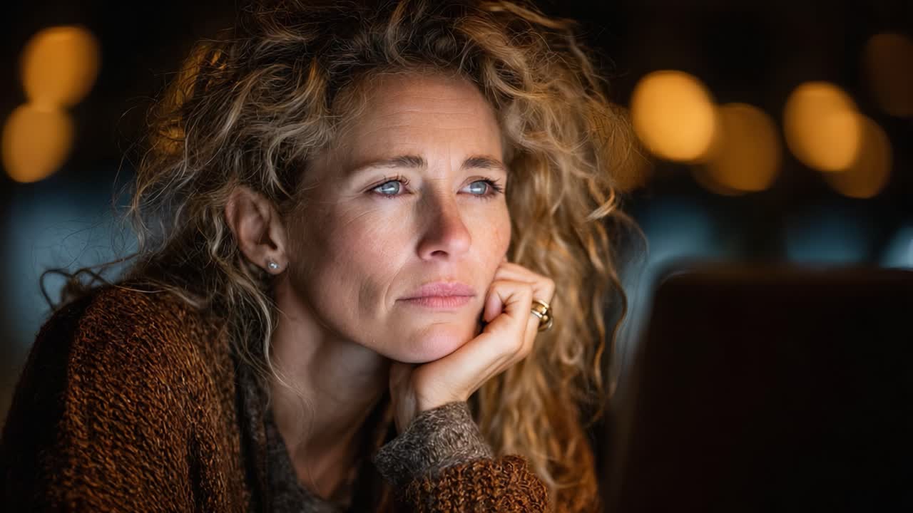 Captivated Reflection: A Thoughtful Woman in Deep Contemplation Under Soft Ambient Light with a Computer, Exuding an Air of Introspection and Curiosity