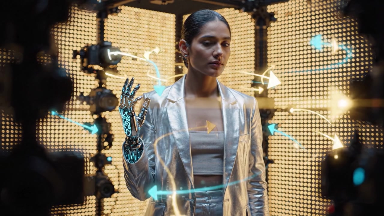 Ritratto futuristico di una donna con un braccio robotico circondata da telecamere in un ambiente high-tech con illuminazione vibrante e un elegante abito argentato.