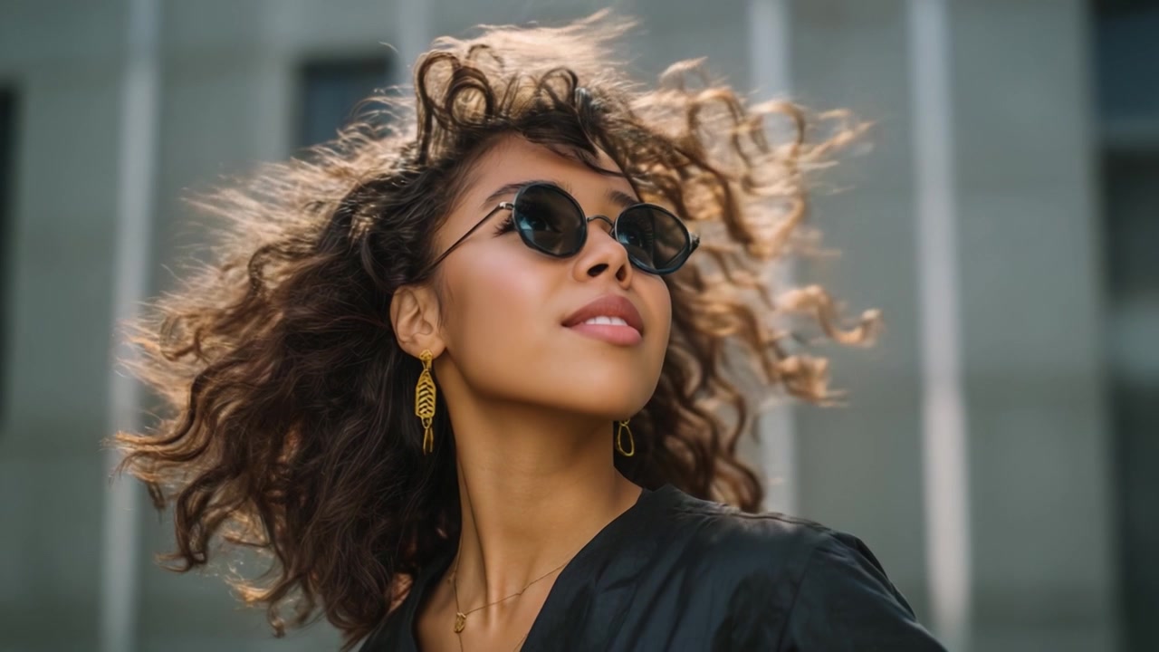 Una donna sicura di sé con capelli ricci che indossa occhiali da sole alla moda e orecchini posa con grazia all'aperto, mettendo in mostra la sua bellezza vibrante e il suo atteggiamento sicuro di sé