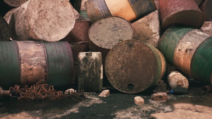 Barili arrugginiti impilati in modo disordinato vicino a un sito industriale.
