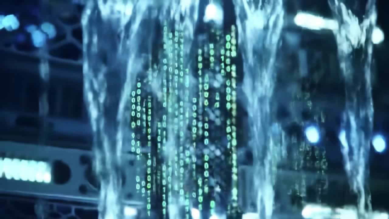 In a fascinating blend of nature and technology, water cascades over a digital backdrop, reflecting vibrant light patterns. This captivating display showcases innovation and creativity in design.