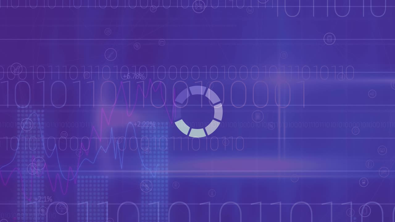 Animation of circle loading and binary coding over purple background