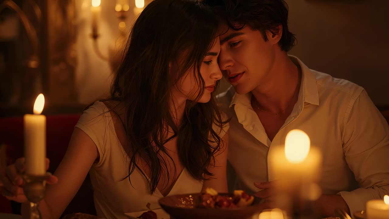 Leaning couple moving closer for intimacy after woman holding candlestick at booth, V-neck, bowl