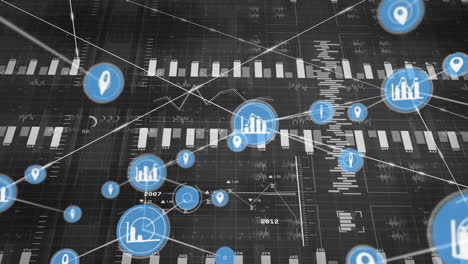 gráficos e gráficos de dados financeiros animação sobre fundo preto com ícones azuis