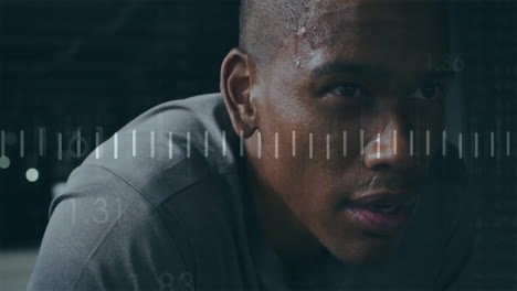 focused athlete sweating with animation graphics overlay during intense workout