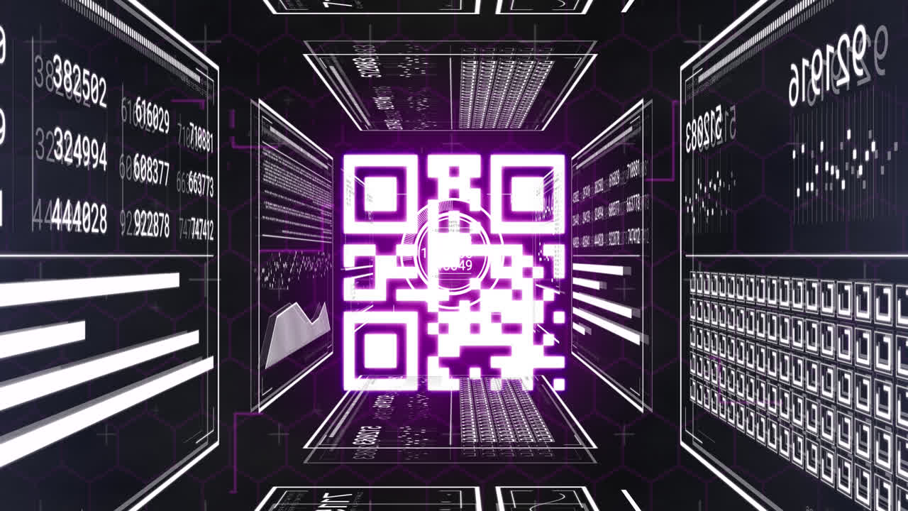 Animation of data processing and qr code over black background