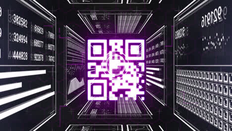 animation of data processing and qr code over black background