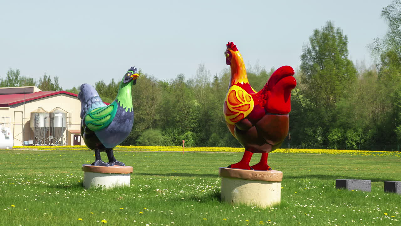 dos coloridas estatuas de pollo de pie en la hierba fuera de una fábrica de embalaje de huevos