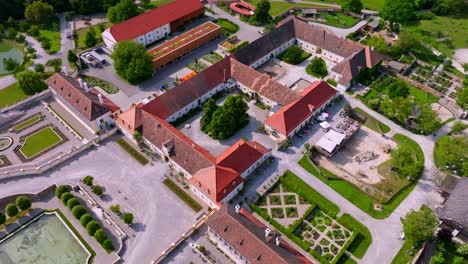 aerial view over castle schloss hof in austria - drone shot