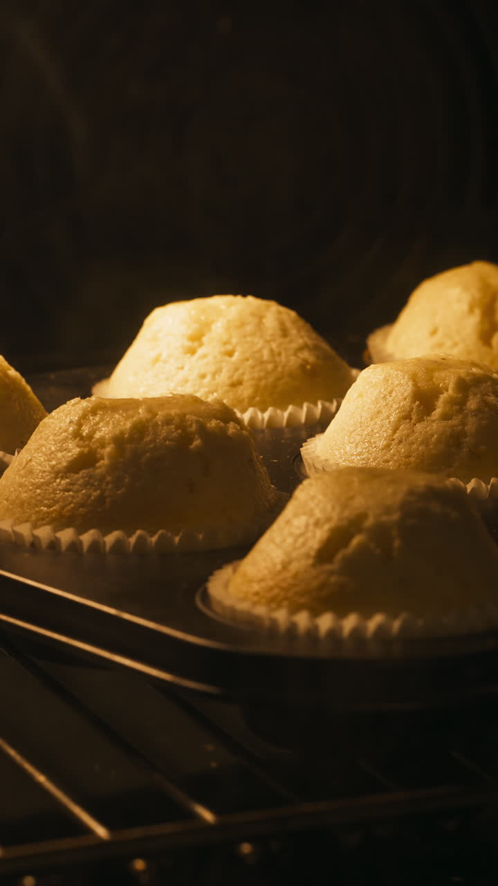 Vertical View Of A Rising Cupcakes Inside The Oven. Timelapse
