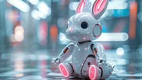 a cute robotic bunny sitting in a futuristic setting