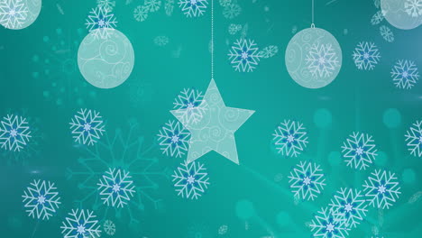 animación de bolas de navidad sobre copos de nieve sobre fondo azul