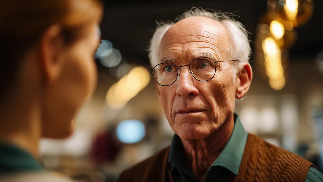 A poignant moment capturing the deep connection between an elderly man and a young woman, showcasing the nuances of their emotional exchange with intense expressions and a blurred background, symbolizing life's fleeting moments
