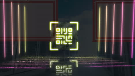 animation of neon qr code and lines moving in digital space