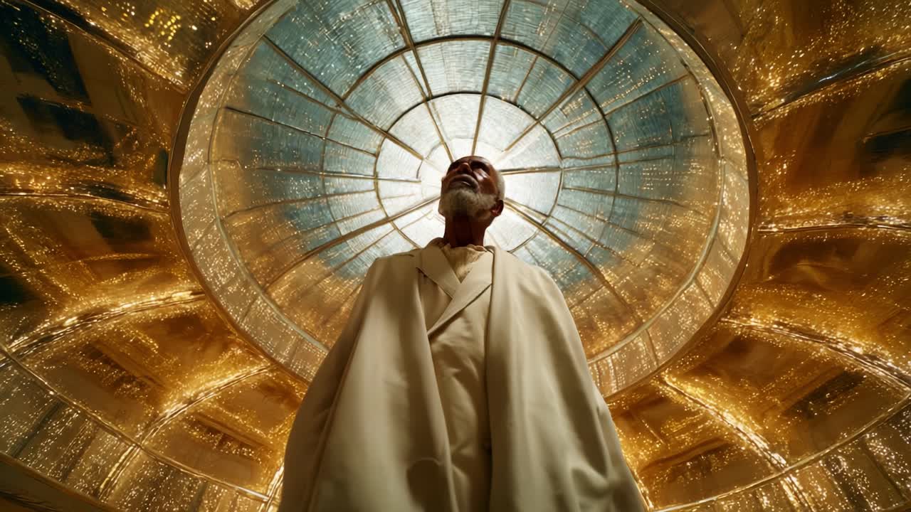 A wise figure stands beneath an intricate, glowing dome that radiates a warm light, creating an ethereal atmosphere, evoking a sense of reverence and wonder in a serene setting