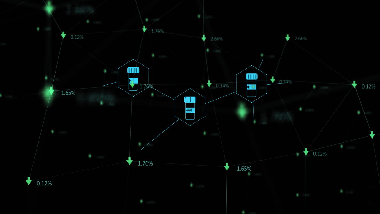 Animation of medical icons and data processing with arrows on black background