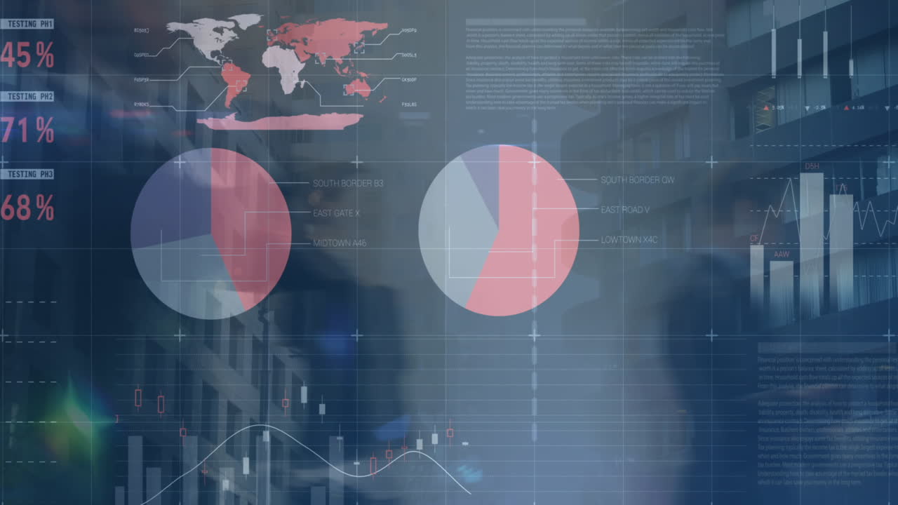 Animation of financial data processing over business people walking