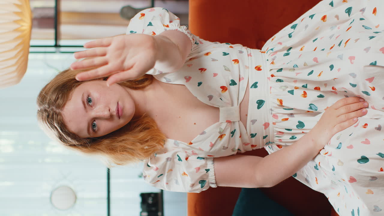 Angry woman say no hold palm folded crossed hands warning of finish stop gesture declining talk