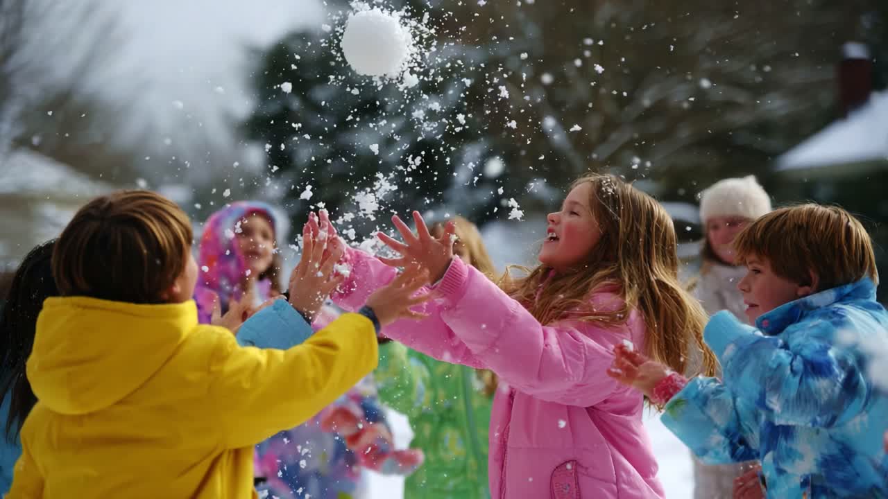 Joyful Children Engaging in Winter Fun, Playfully Tossing Snowballs and Smiling Together, Creating Lasting Memories Amidst a Beautiful Snowy Landscape in a Delightful Outdoor Setting