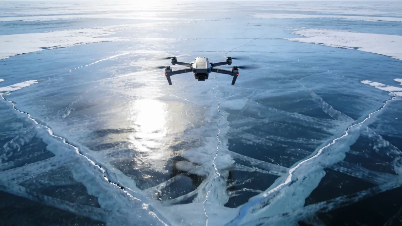 Modtager kommando, lille quadcopter drone svæver fremad over frossen sø, afslører isrevner