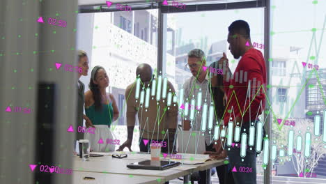 animation of multiple graphs and changing numbers over diverse architects discussing blueprint