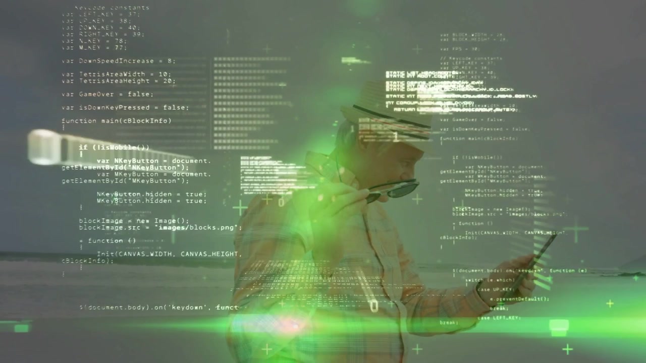Senior leaning into phone after screen glow at shore, holding shades while green AR overlay growing