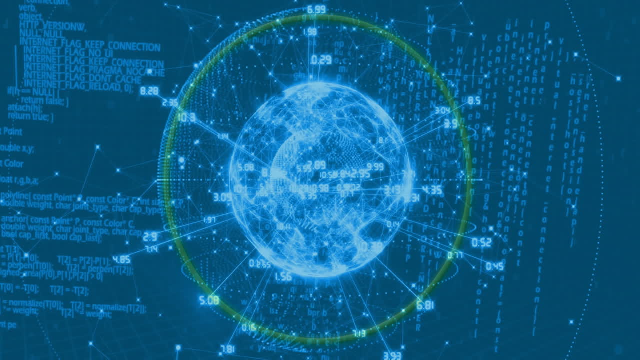 Digital globe showing network connections and data processing on blue background