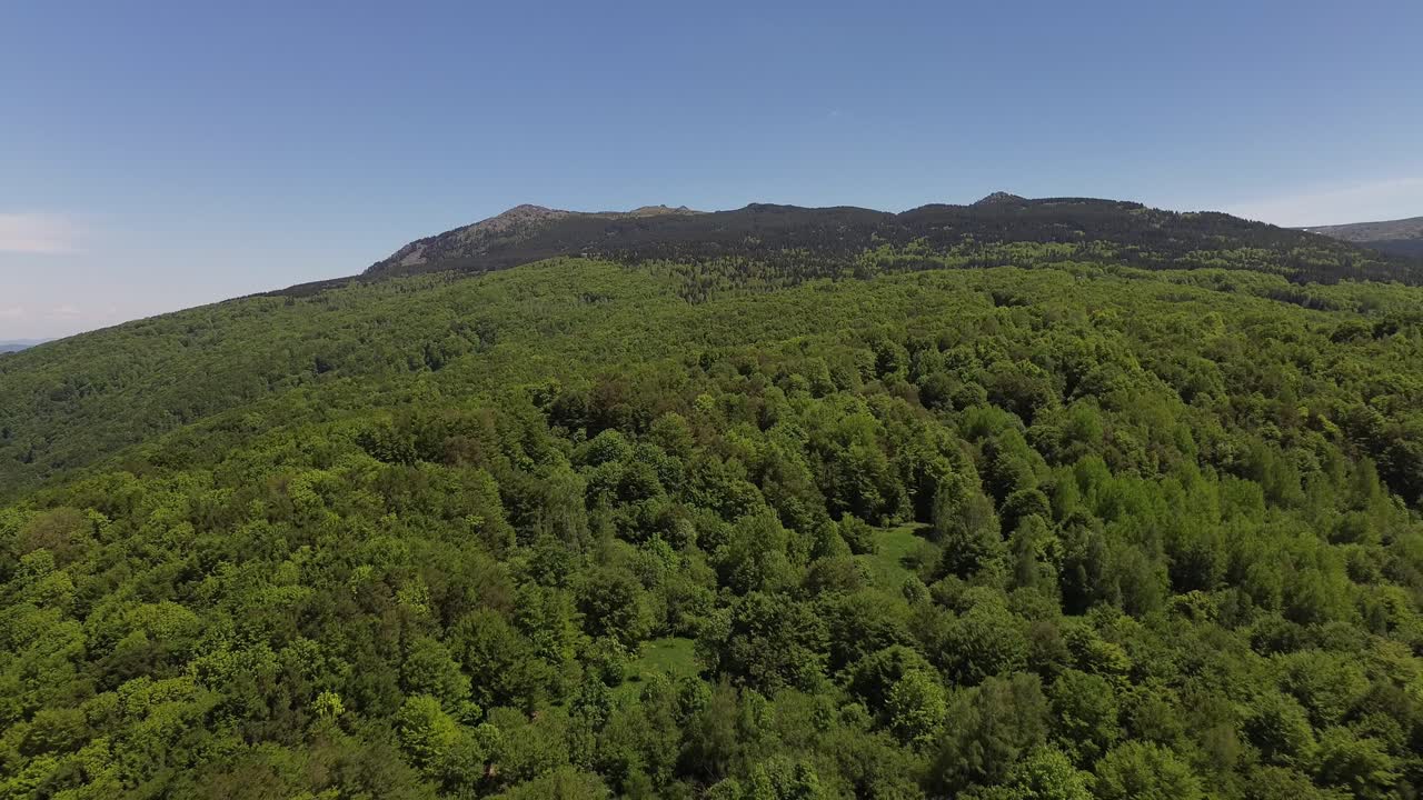 불가리아의 숲이 인 산맥 위를 뒤로 날아다니는 드론의 공중 촬영, 장면의 더 많은 것을 드러니다.