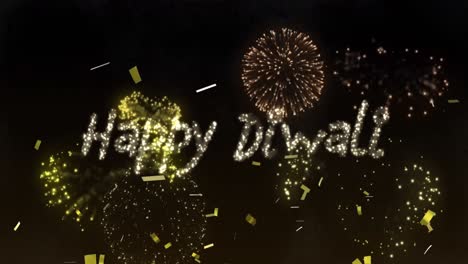 animation of happy diwali over fireworks and confetti on black background