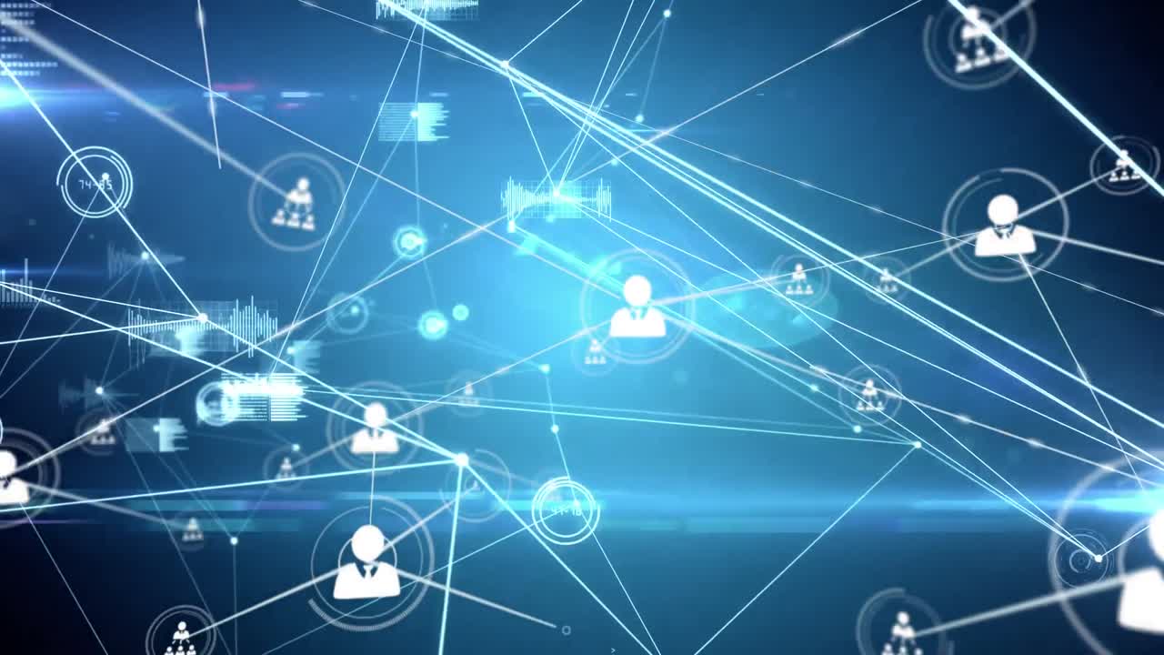 animación de la red de conexiones con iconos sobre fondo azul