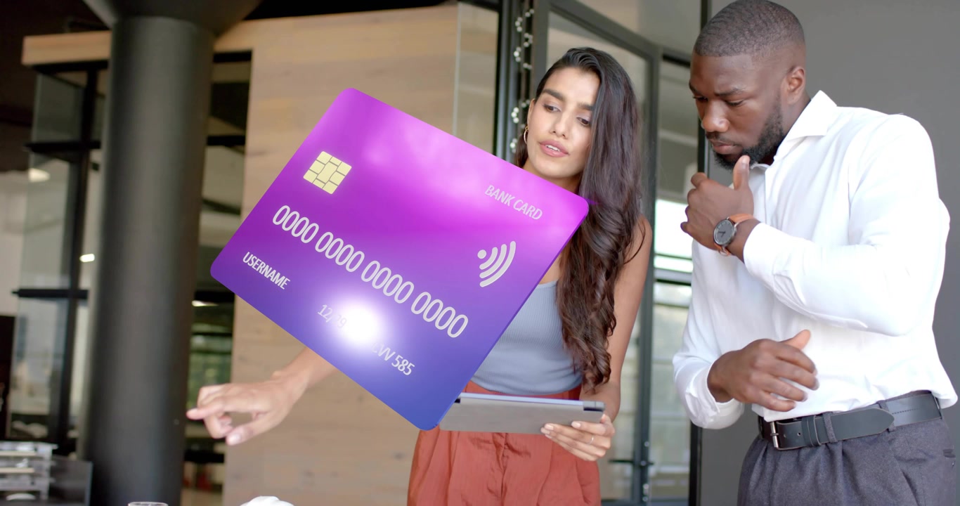 Purple bank card appearing and rotating as woman scrolling tablet and man inspecting payment data