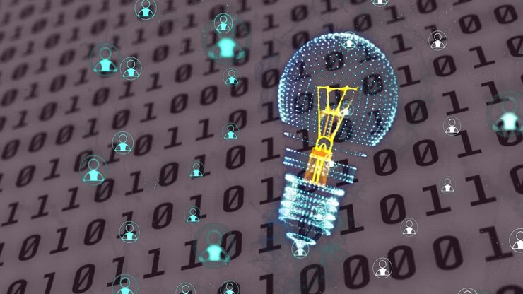 Animation of light bulb and data processing with connections over binary coding