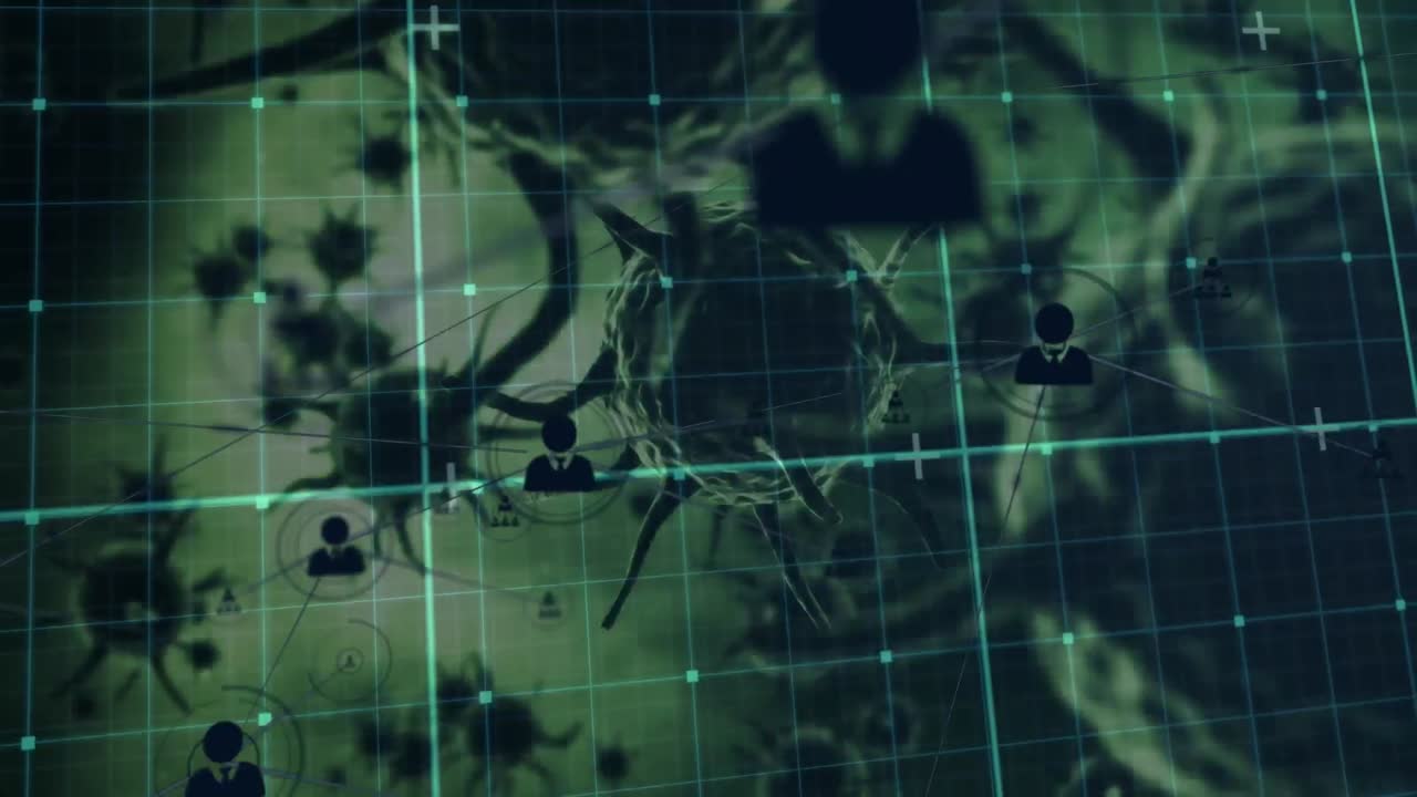 red de iconos de perfil sobre red de rejilla contra múltiples células de covid-19 en fondo negro