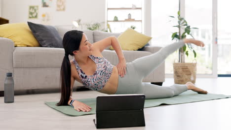 fitness, pilates and happy woman on tablet