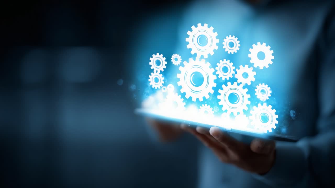 A Futuristic Representation of Innovation with Floating Gears and Digital Technology Displayed on a Tablet, Showcasing the Power of Modern Mechanical Engineering