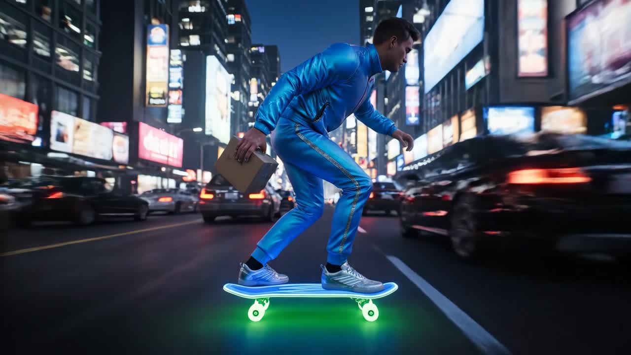 Man Skateboard Delivery in City at Night