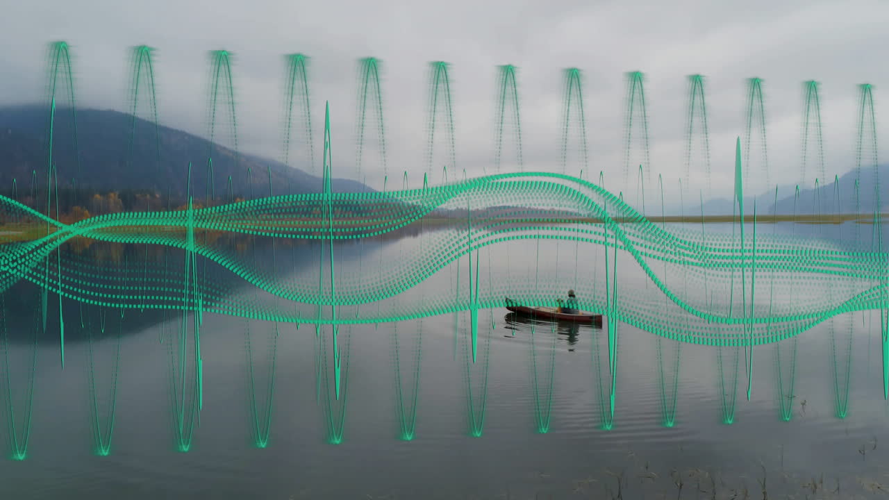 Boat on calm lake with green wave animation over misty mountains