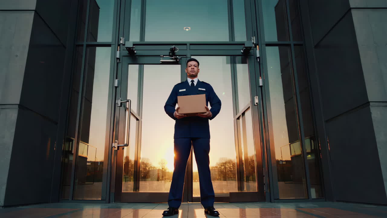 guardia de seguridad con paquete en la entrada del edificio de oficinas