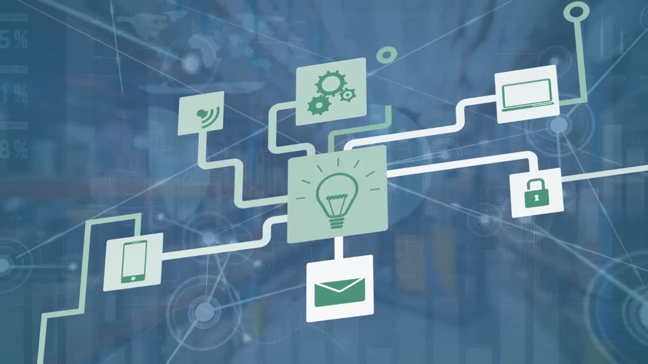 animación de iconos tecnológicos sobre el almacén