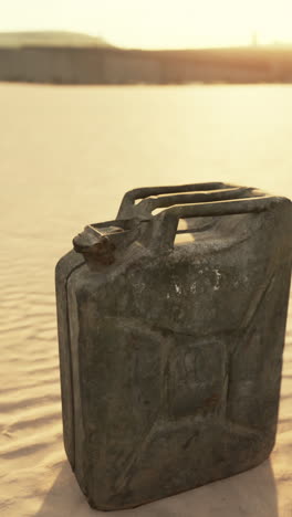 a rusty metal jerrycan sitting on the sand in the desert