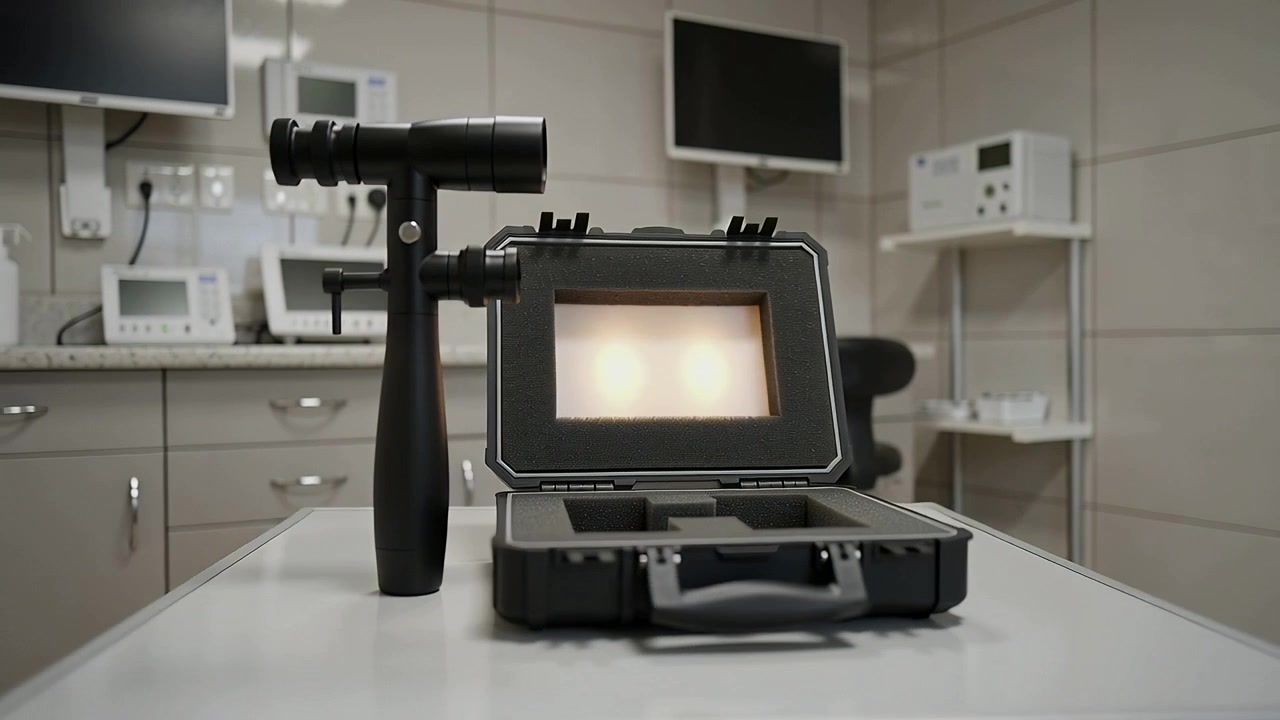Pulling back camera revealing black handheld instrument and hard case on exam table for display