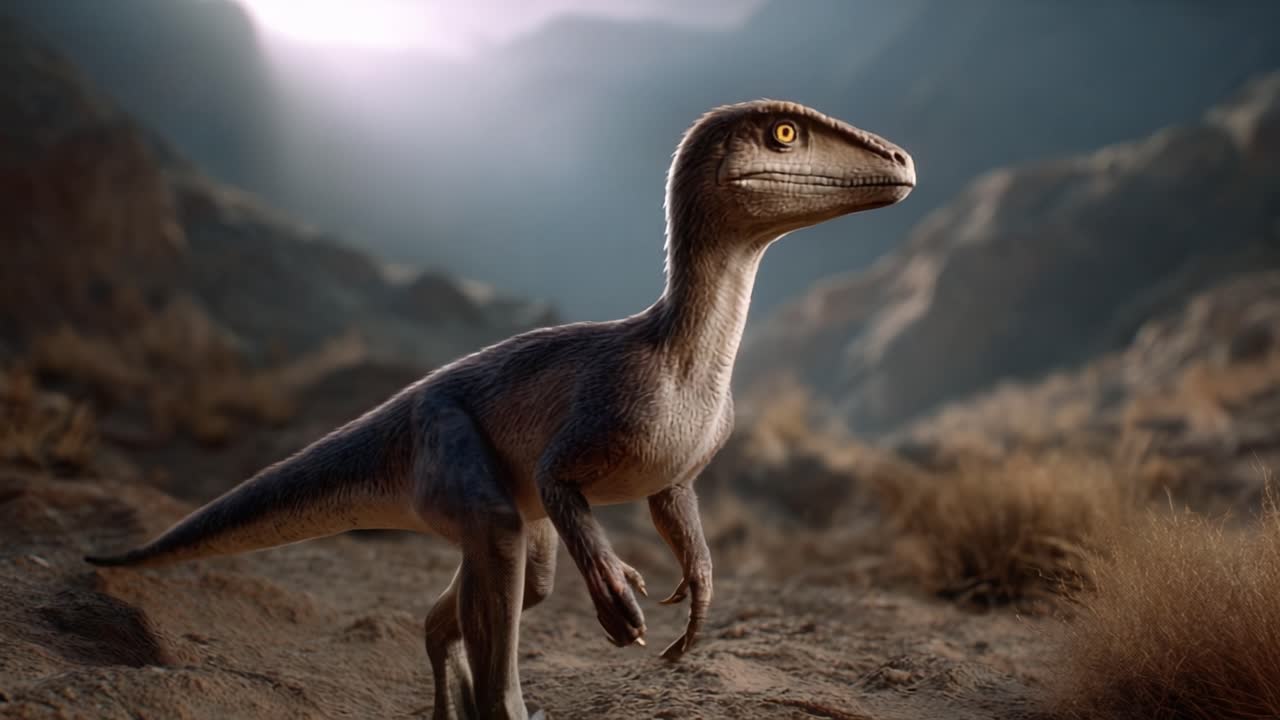 Una rappresentazione realistica di un Velociraptor in un paesaggio preistorico realistico, che mostra le sue caratteristiche uniche e il suo habitat naturale con dettagli mozzafiato