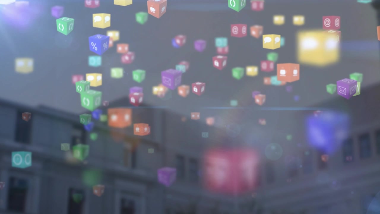 叠加层出现，3D立方体云漂浮，在建筑物上方形成图层并旋转，营造深度感。