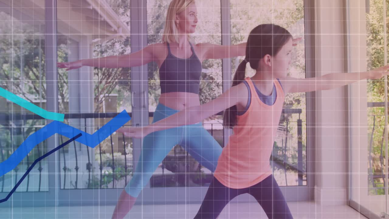 요가를 연습하는 백인 어머니와 딸에 대한 금융 그래프의 애니메이션
