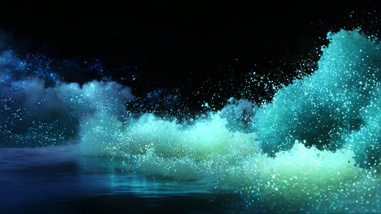 A Breathtaking Visual Experience of Ethereal Waves and Sparkling Particles in a Dark Atmosphere Captivating the Viewer with Vibrant Hues and Dynamic Movement in an Enigmatic Sea of Color