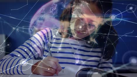 animación de la red de conexiones y el globo sobre la niña caucásica en la escuela