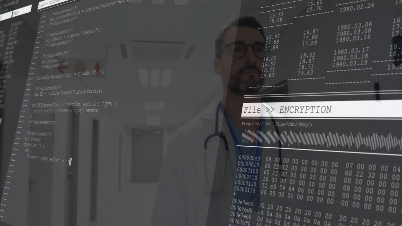 doctor walking in hospital corridor, viewing encryption progress bar and floating hexadecimal code