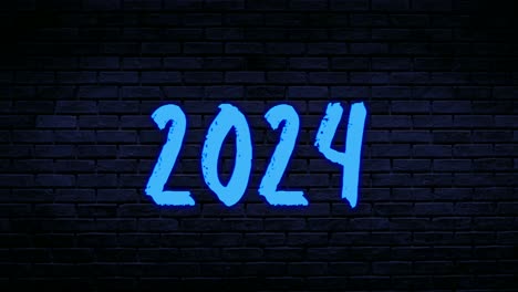 blue number 2024 neon animation motion graphics on brick wall background