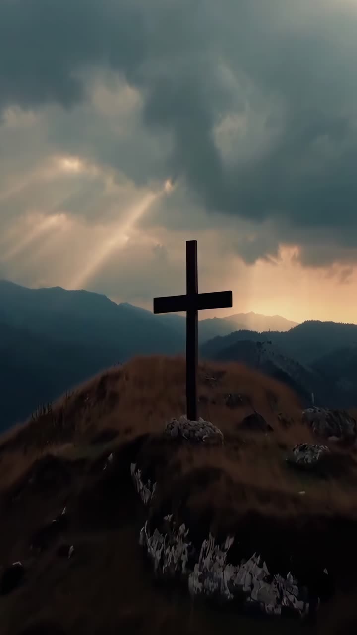 Video aéreo dramático de una cruz en una colina al atardecer, con rayos de sol atravesando las nubes